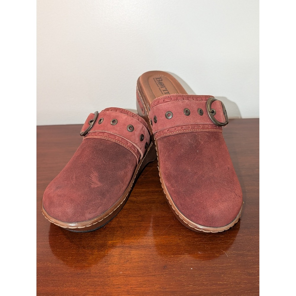 Born Womens Burgundy Suede Leather Clogs Mules Buckle Wedge Shoes Size 9
